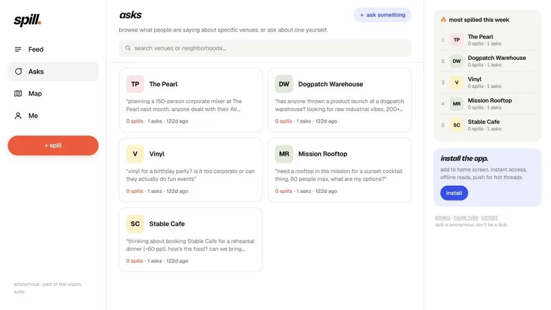 Vroom Tea’s venue questions interface